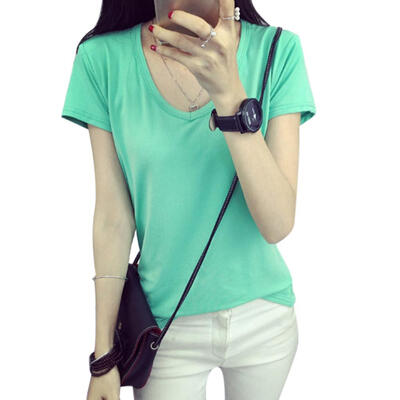 

Women Solid Color Cotton T Shirt Sexy V Neck Summer Short Sleeve Basic Tee