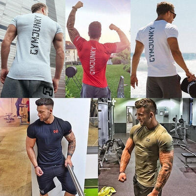 

Mens Short Sleeve T Shirt Fitness Gym Muscle fit Training Basic Sport Tee