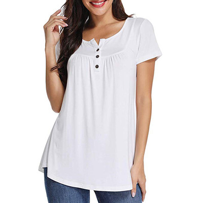 

Starmoon Women Solid Row Pleats Button Ruched O-Neck Short Sleeve Irregular T-Shirt Tops