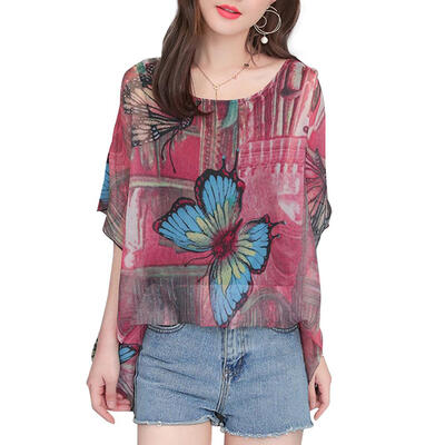 

Summer Fashion Women Short Sleeve Batwing Type O-Neck Chiffon Pullover Tops