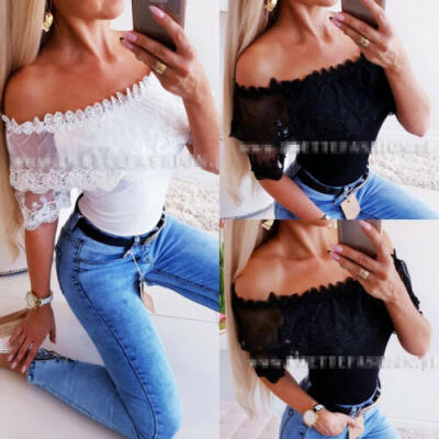 

Women Summer Slim Off Shoulder Short Sleeve Lace Tops T-Shirt Casual Blouse Tee