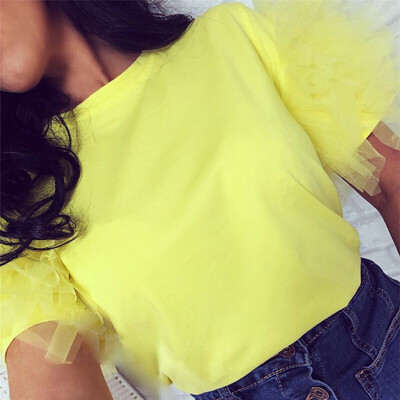 

Women Ladies Frill Tulle Tiers Mesh Sleeve Summer Fashion Cotton T-Shirt Top New