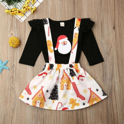 

US Christmas Kid Baby Girl Santa Claus Tops Overall Skirt Suspender Dress Outfit