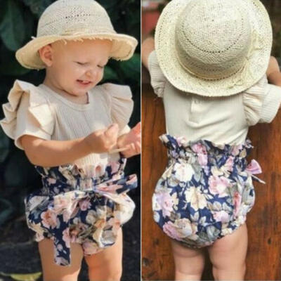 

Newborn Baby Girls Cotton Tops Romper Bodysuit Pants Shorts Headband Outfit Set