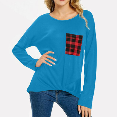 

Starmoon Womens T-shirt With Long Sleeves Twisted In Plaid Pocket With Round Blouses