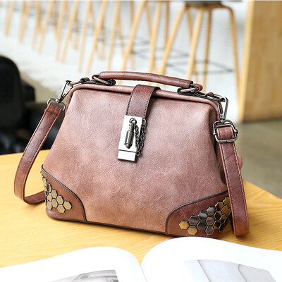 

Women Handbag Leather Small Doctor Bag Women Shoulder Bag Female Crossbody Handbag Lock Chain Rivets Girls Vintage Women Bags