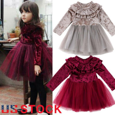

US XMAS Kids Baby Girls Dress Velvet Top Princess Party Pageant Bridesmaid Dress