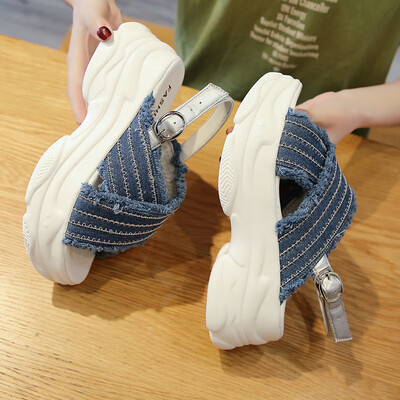 

European Station SpringSummer 2019 New Cross Belt Denim Fashion Leisure European Goods Tide Cake Thick Bottom Light Sandals Women