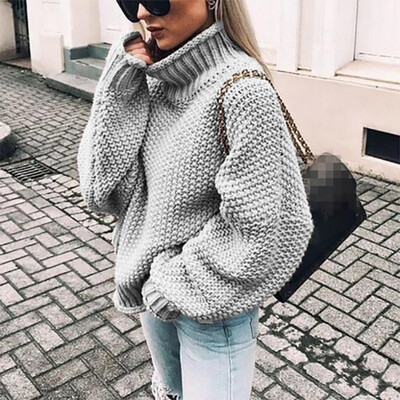 

Womens Long Sleeve High Neck Loose Knitted Sweater Ladies Casual Jumper Tops