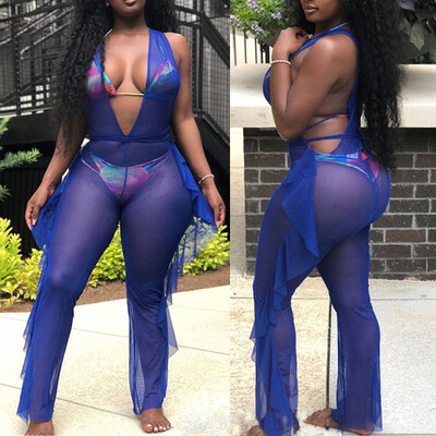 

Summer Women Ruffle Bikini Cover Up Jumpsuit Romper Playsuit Sheer Bodycon Beach Pants