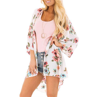 

Casual Women Chiffon Kimono Floral Print 34 Sleeve Vintage Open Cape Cover Up Coat Beach Cardigan