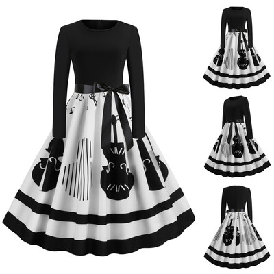 

Tailored Women Fashion Musical Note Print Dress Round Neck Zipper Hepburn Party Dress