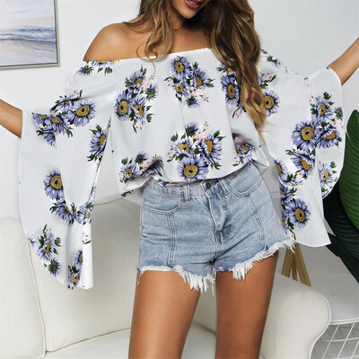 

Summer Womens Casual Sexy Boat Neck Off-shoulder Sunflower Print Shirt Tops