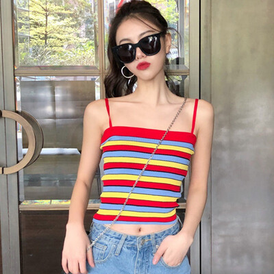 

Womens Spaghetti Strap Striped Knitted Camisole
