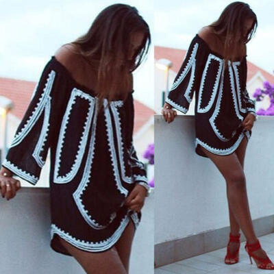 

Women Off Shoulder Boho Printed Long Sleeve Casual Loose Party Mini Dress UK