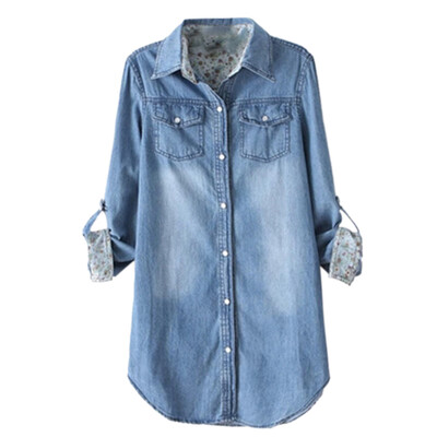 

Women Fashion Denim Long Sleeve Long Single-breasted Turndown Collar Loose All-match Casual Jacket Shirt
