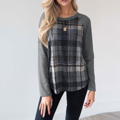 

Starmoon Women Casual Plaid Print Shirt Long Sleeve Round Neck Blouse Loose Tops