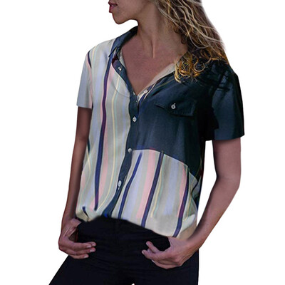 

Starmoon Women Casual Striped Cuffed ShortSleeve V-Neck Button-Up Color Block Blouse Tops