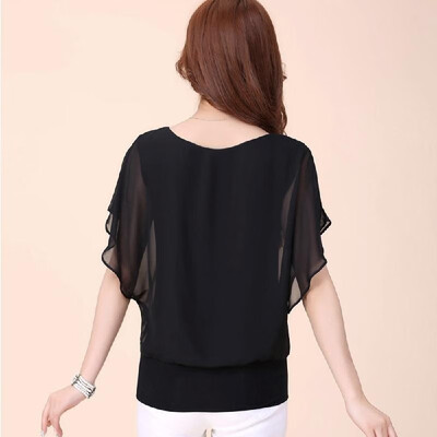 

Chiffon shirt female short-sleeved summer dress large size womens slim bat chiffon shirt new bottoming shirt blue