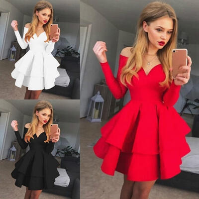 

Fashion Womens Sexy Elegant Long Sleeve Deepv-neck Dress Rockabilly Off Shoulder Evening Party Swing Cocktail Dress