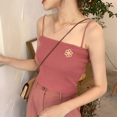 

Causal Knitted Floral Embroidery Cami Tops Beach Wear Sexy Vest Sleeveless Basic Camisole
