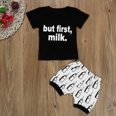 

Kids Baby Short Sleeve But First Milk Print T-Shirt TopsPants Clothes Outfits