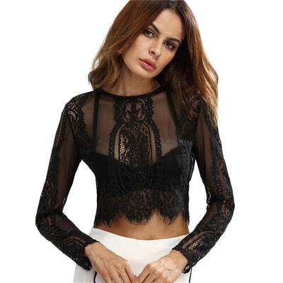 

Women Summer Hollow Out Lace Transparent Long Sleeve Nightclub Sexy Cute Short Tops