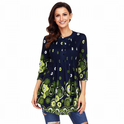 

Round neck cropped sleeve printed single-breasted bohemian straight top