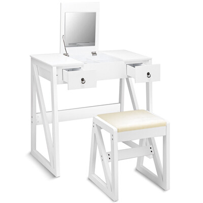 

Vanity Dressing Table Set Flip Makeup Mirror Stool with 2 Drawers