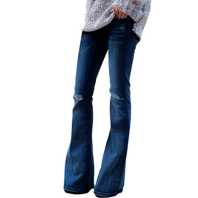 

Tailored Women Hight Waisted Hole Button Denim Jeans Stretch Flares Pants Length Jeans