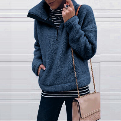 

Tailored Women Winter Casual Solid Color Stand Collar Zip Up Pullover Fur Sweatshirt Tops