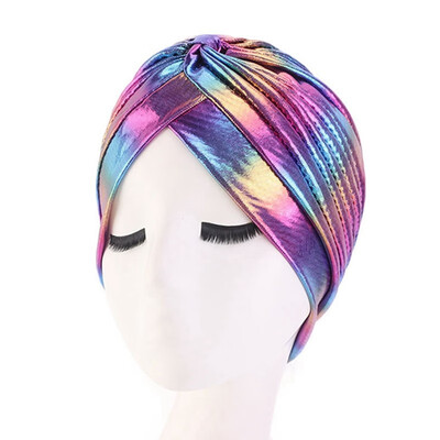 

Colorful New Women Laser Silky Ruffle Metallic Turban Hair Cover Accessories Wave Caps Bonnet Salon Hat Turban Headwrap
