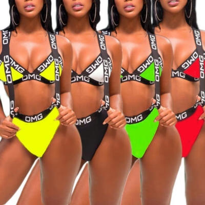 

New fashion back cross strap high waist split letter swimsuit