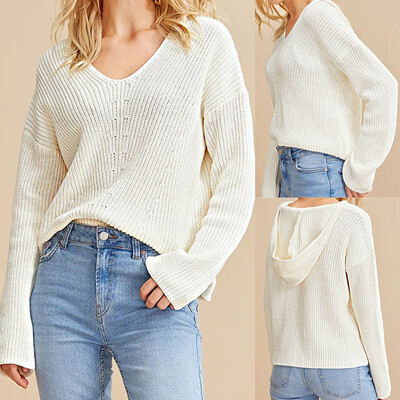 

〖Follure〗Women Casual Pullover Knitted Solid Color Long Sleeve V-Neck Hoodie Sweater