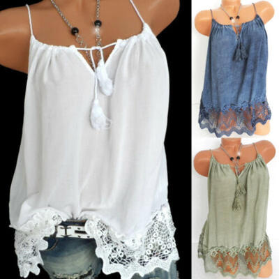 

CA Womens Summer Loose Strappy V-Neck Sleeveless Lace Tank Top Vest Shirt Blouse