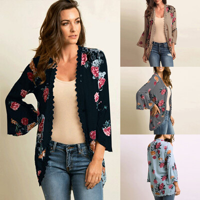 

New Women Casual Kimono Cardigan Floral Print Open Front Boho Loose Outerwear Beach Bikini Cover Up