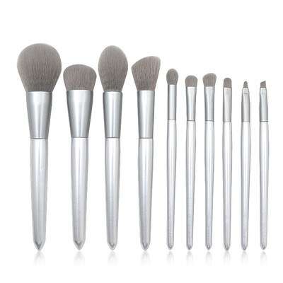 

〖Follure〗10pcs silver conical handle grey mouthpiece&wooden handle makeup brush set