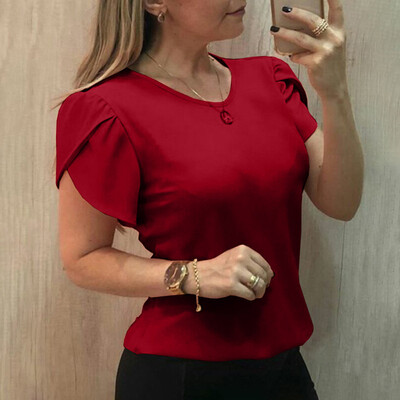 

Nomeni Womens Summer Short Sleeve Shirt Solid O-neck Casual Blouse Tops