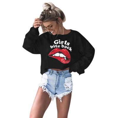 

Autunm Lips Letter Printed Letter Long Sleeves O-neck Crop Top Women Hoodies Casual New Wind Female Sweatshirts Short Tees