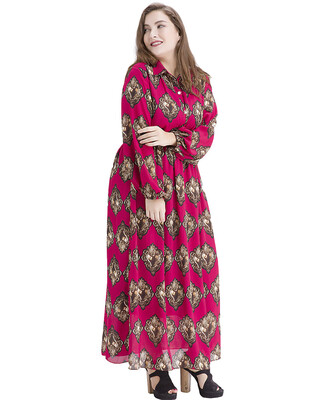 

Bohemian Women Plus Size Chiffon Print Maxi Dress Turn-down Collar Long Sleeve Elastic Waist Long Dress Burgundy