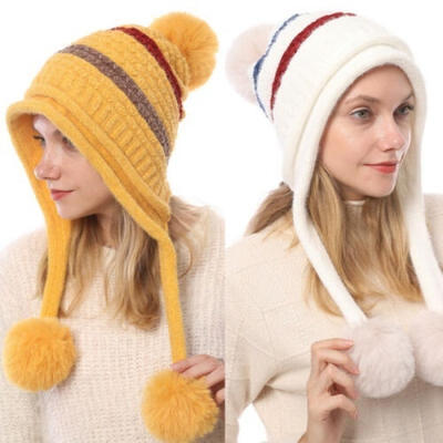 

Women Winter Fur Pom Pom 3 Ball Knit Fur Pom Pom Ball Beanie Girls Warm Ski Cap