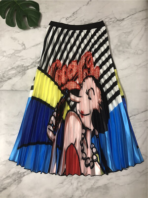 

New Arrival Spring Women Cartoon Printed Elegant Pleated Long Skirts High Waist Harajuku Tulle A-Line Mid-Calf Skirts