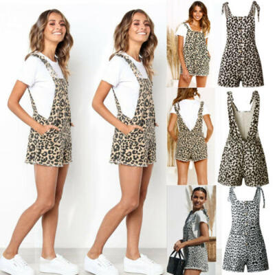 

Women Dungarees Strap Pants Loose Leopard Print Jumpsuit Shorts Trousers Pants