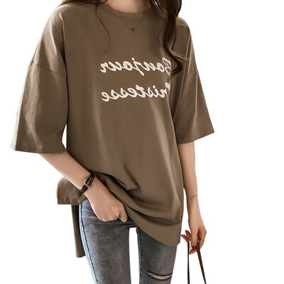 

Cotton Casual Letter Print Long Tshirt Round Neck Half Sleeve Womens Tops Summer Harajuku Loose Side Split T-shirt