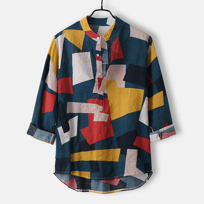 

Toponeto Fahion Mens Printed Lump Long Sleeve Round Hem Loose Shirts Blouse Top
