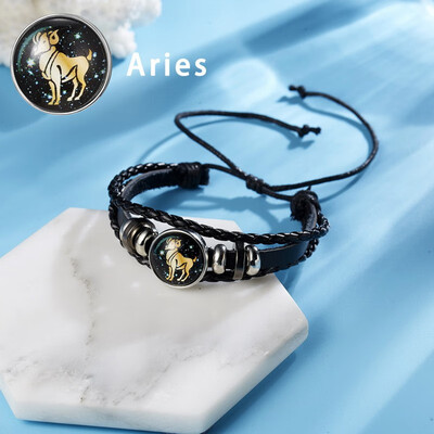 

12 Constellations Punk Leather Zodiac Sign Beads Bangle Bracelets For Women Men Jewelry Travel Bracelets Holiday Gift
