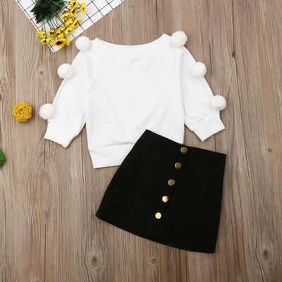 

2PCS Toddler Kid Baby Girls Hairball Knit Tops Mini Skirt Outfits Autumn Clothes