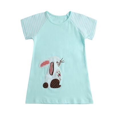 

Cute Girls Short Sleeve Rabbit Embroidery Dress Cotton Children Clothing