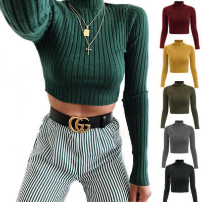 

Womens Turtleneck Stretch Crop Tops Shirt Sweater Jumper Knit Casual Pullovers