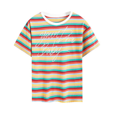 

Summer Rainbow Striped Letter Print Womens T-Shirt Trends Round Neck Short Sleeve T-Shirt
